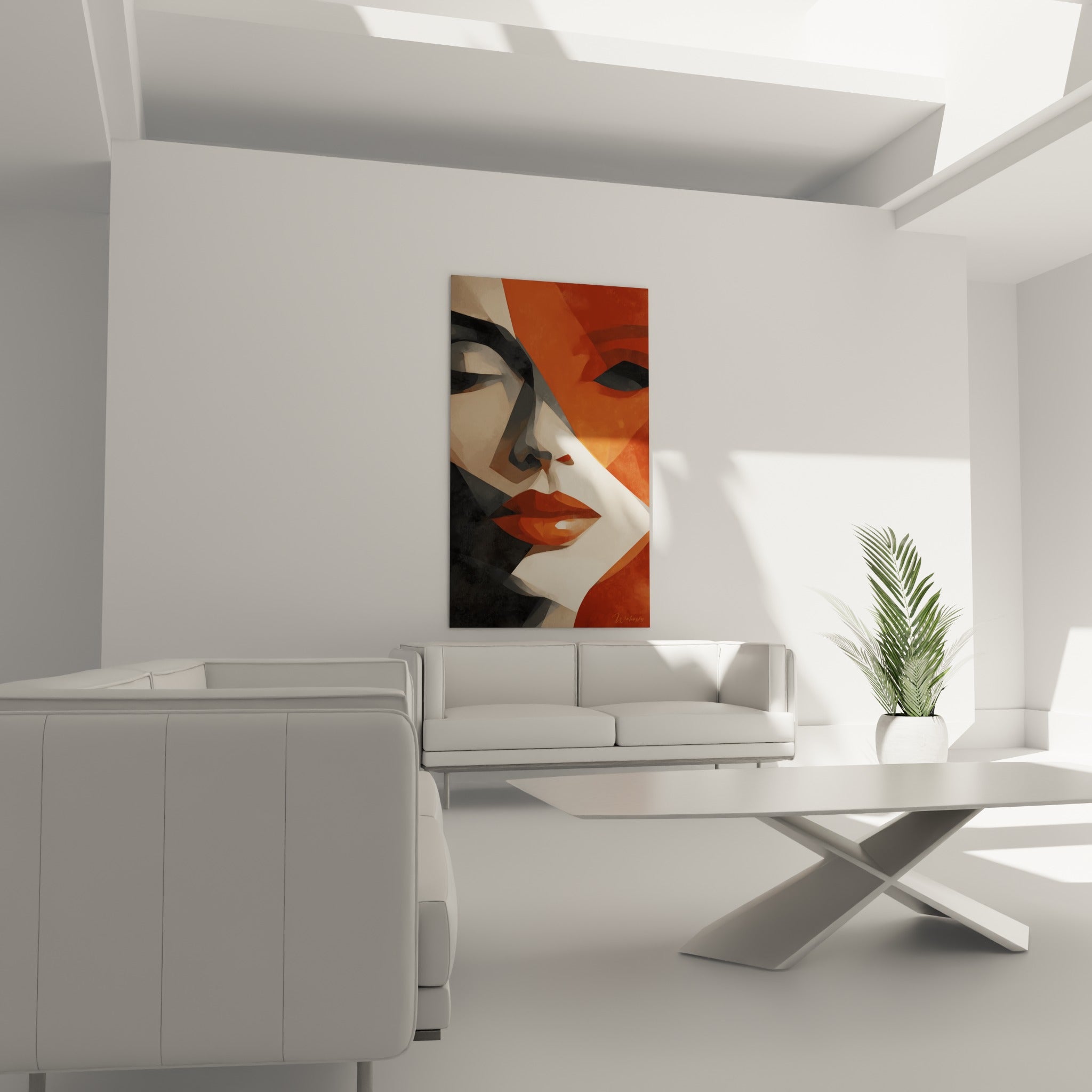 Visage stylisé terracotta et gris anthracite disposé au-dessus d'un canapé dans un salon lumineux