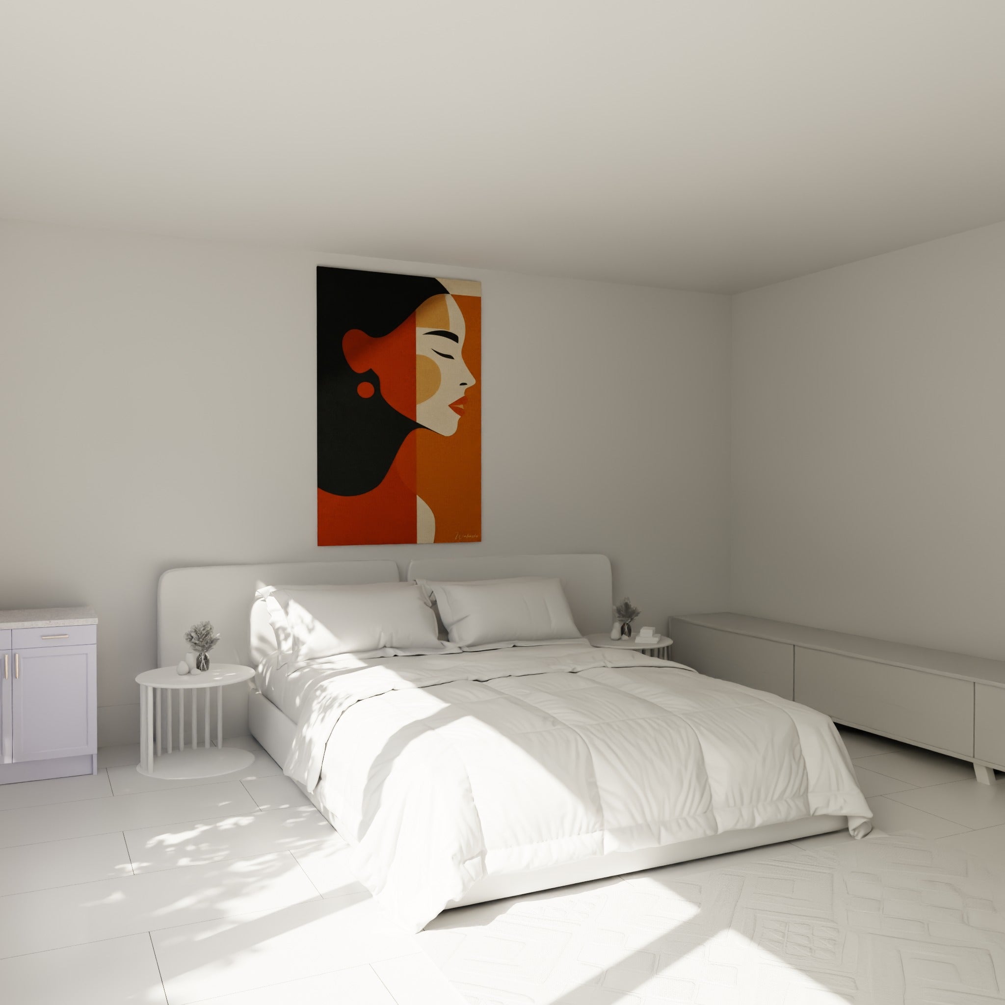 Visage de femme aux couleurs ocre et anthracite affiché au-dessus d'un lit dans une chambre claire