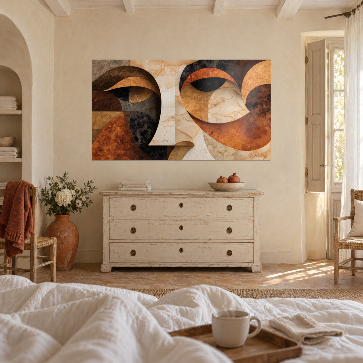 Tableau face stylisée aux courbes rousses et brun sombre, veines claires, au-dessus d'un lit dans une chambre claire