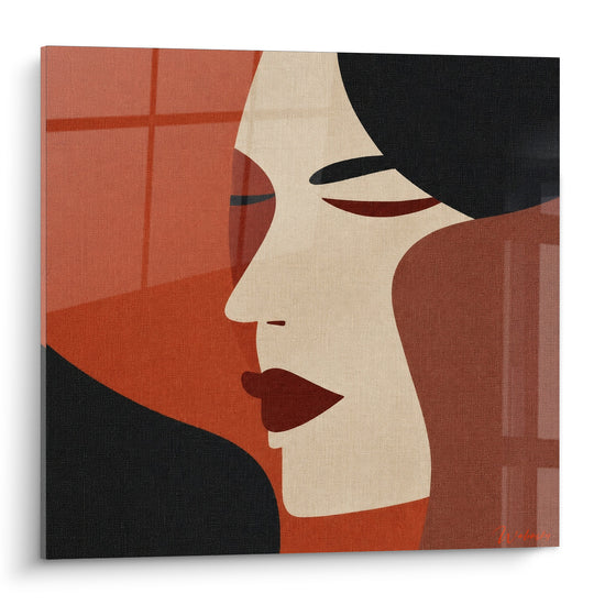 Profil féminin terracotta et noir aux lèvres carmin, style graphique épuré sur toile texturée