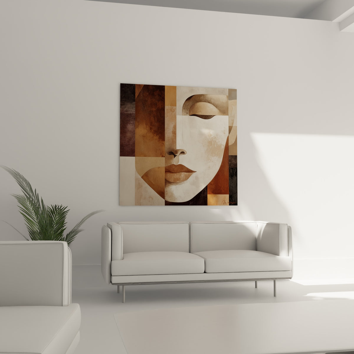 Visage sculptural terracotta et beige au regard fermé, au-dessus d'un canapé dans un salon lumineux