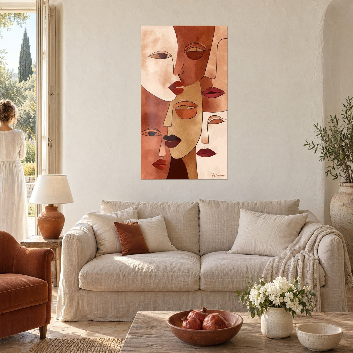 Tableau visages superposés en ocre et brique, lèvres rouges, une femme de dos, au-dessus d'un canapé dans un salon lumineux