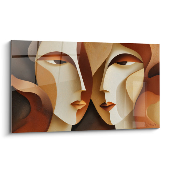 Deux visages cubistes ivoire et brique se font face, traits épurés et lumière chaude en pleine toile