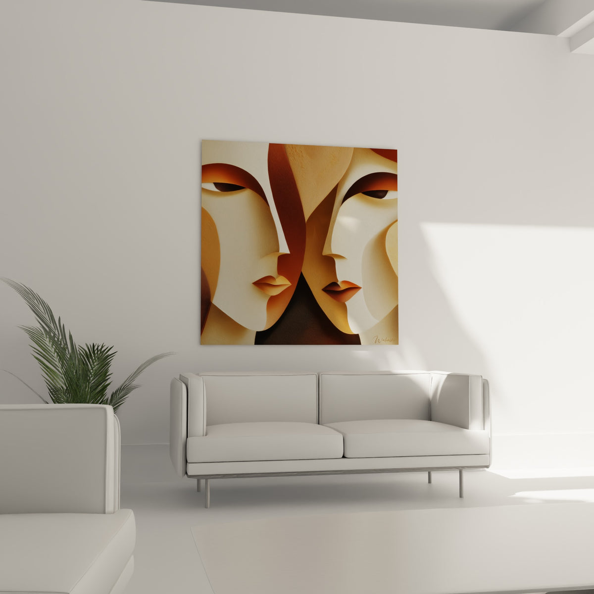 Visages géométriques ocre et anthracite se touchant presque, suspendus au-dessus d'un canapé dans un salon lumineux
