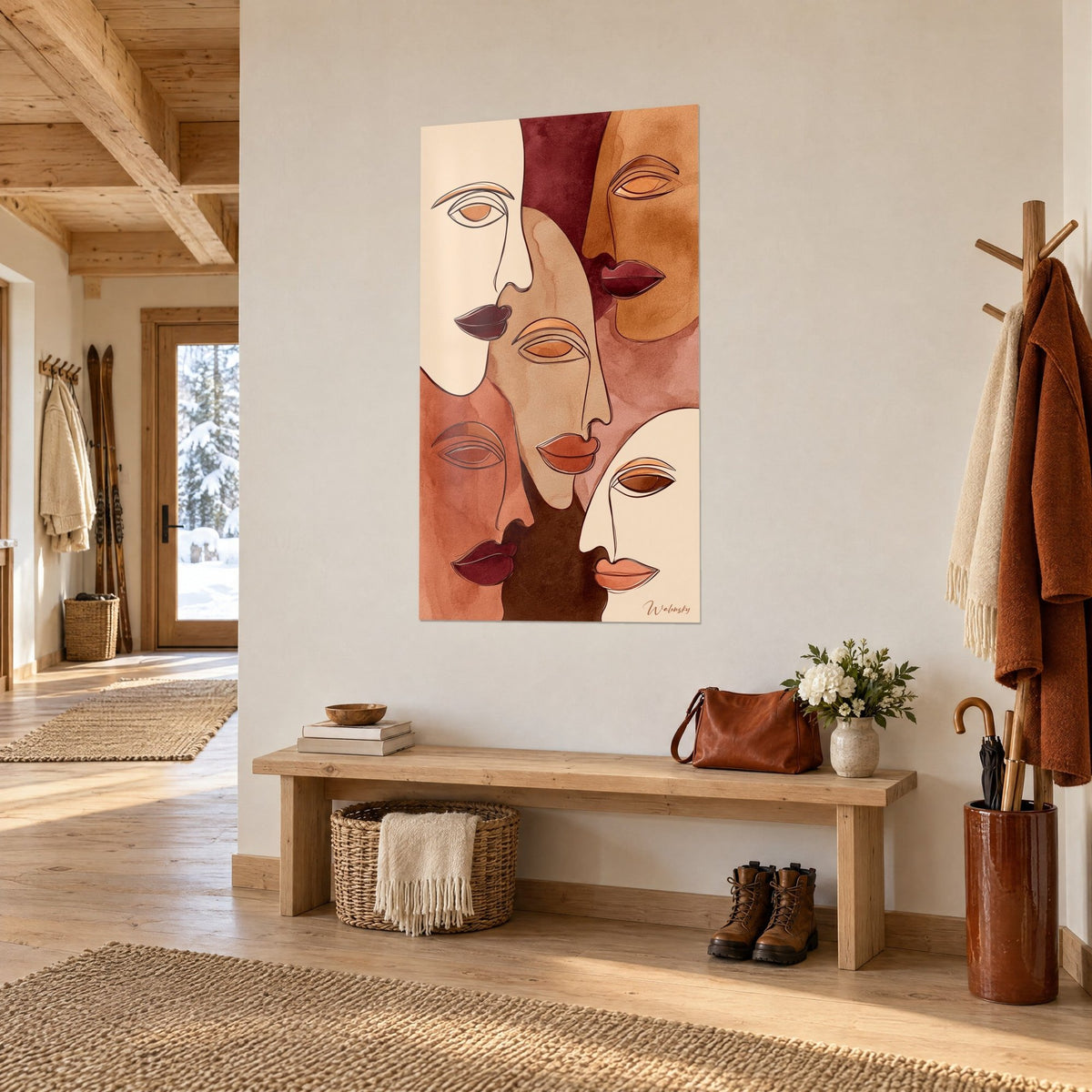 Tableau profils entrelacés crème et terracotta aux traits fins, bois clair et banc d'entrée, vue de trois-quarts au chalet