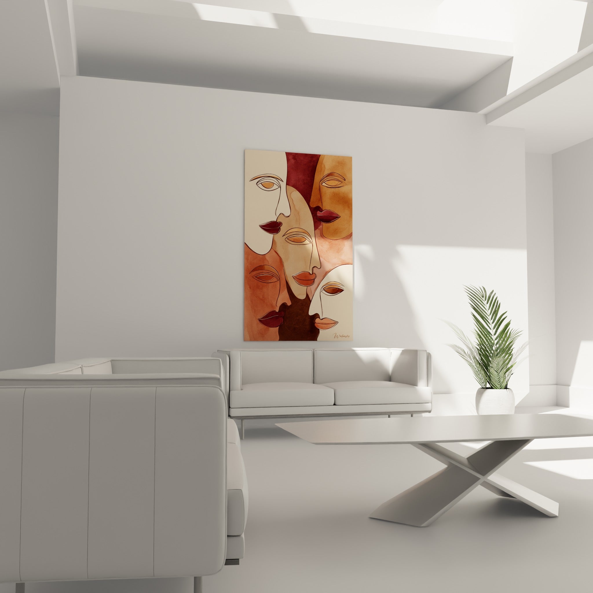 Profils superposés en camaïeu ocre et bordeaux disposés au-dessus d'un canapé dans un salon lumineux
