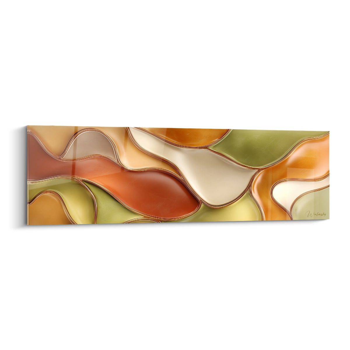 Courbes fluides terracotta et vert sauge évoquant un vitrail sur toile abstraite lumineuse