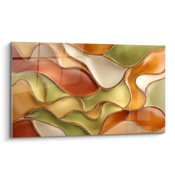 Tableau Vitrail abstrait aux courbes ocre et vertes - Coulée solaire - Edition Terracotta