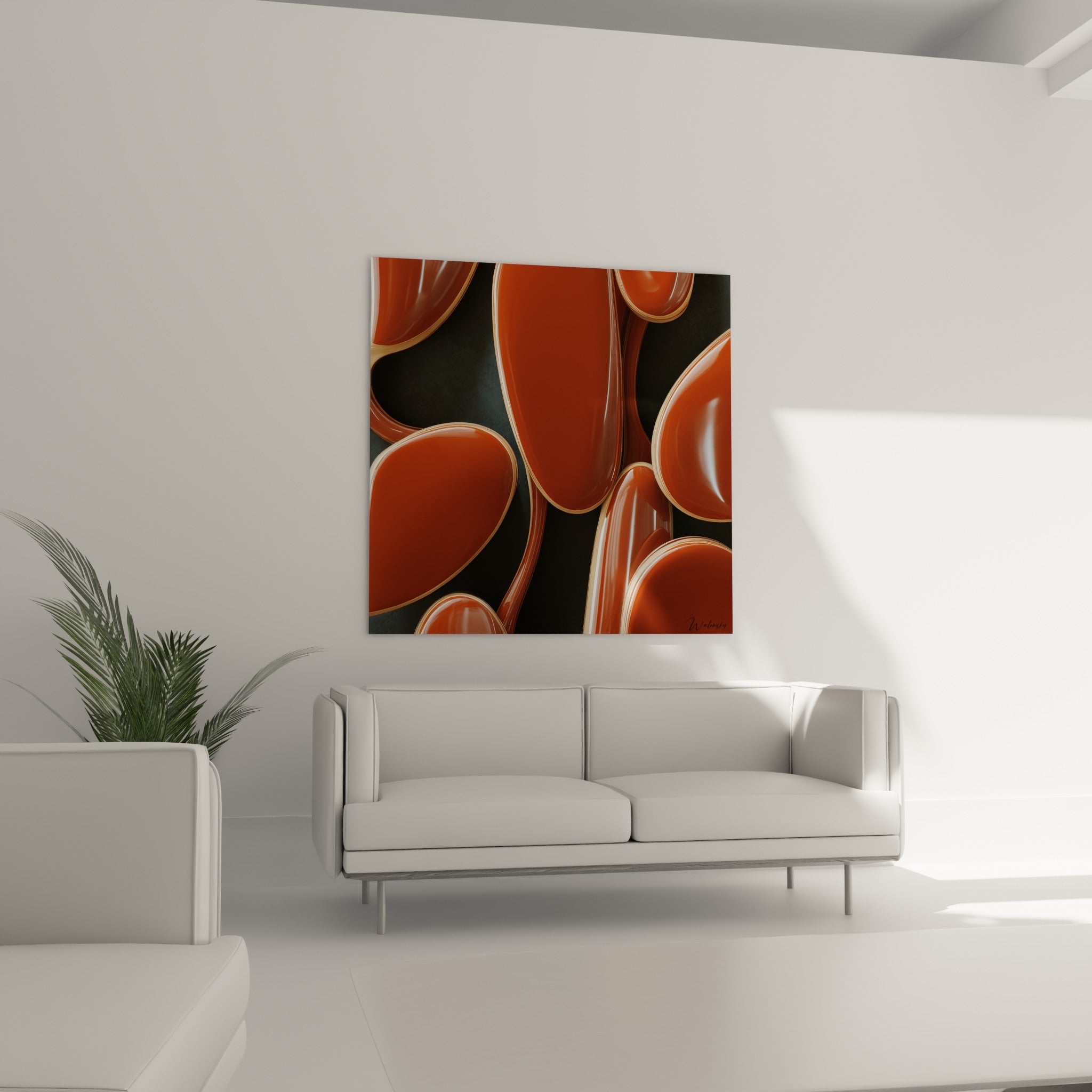 Courbes brillantes terracotta et cuivrées disposées au-dessus d'un canapé dans un salon lumineux