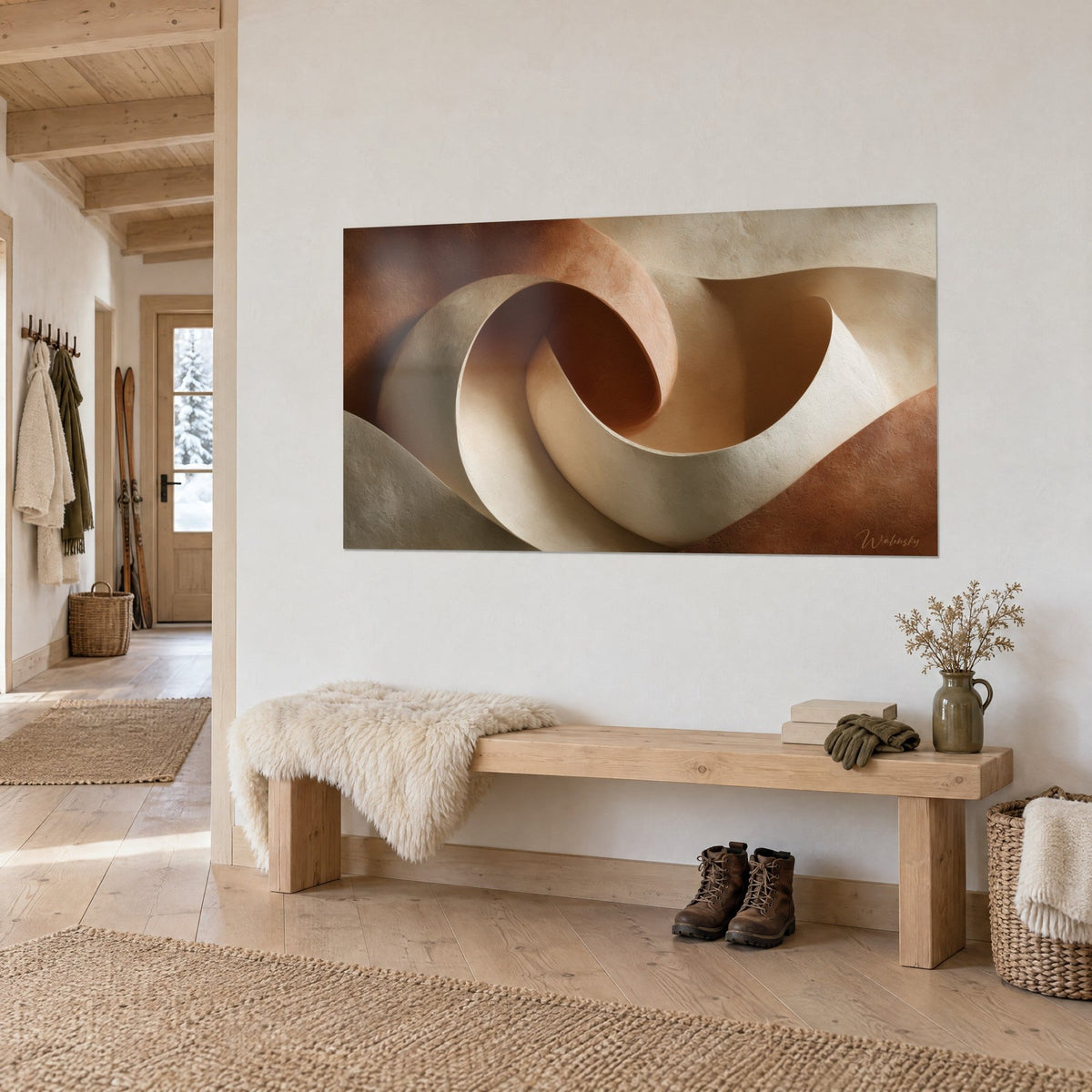 Tableau ruban ivoire s'enroulant sur fond terracotta, ombres douces, au-dessus d'un banc en bois dans une entrée de chalet