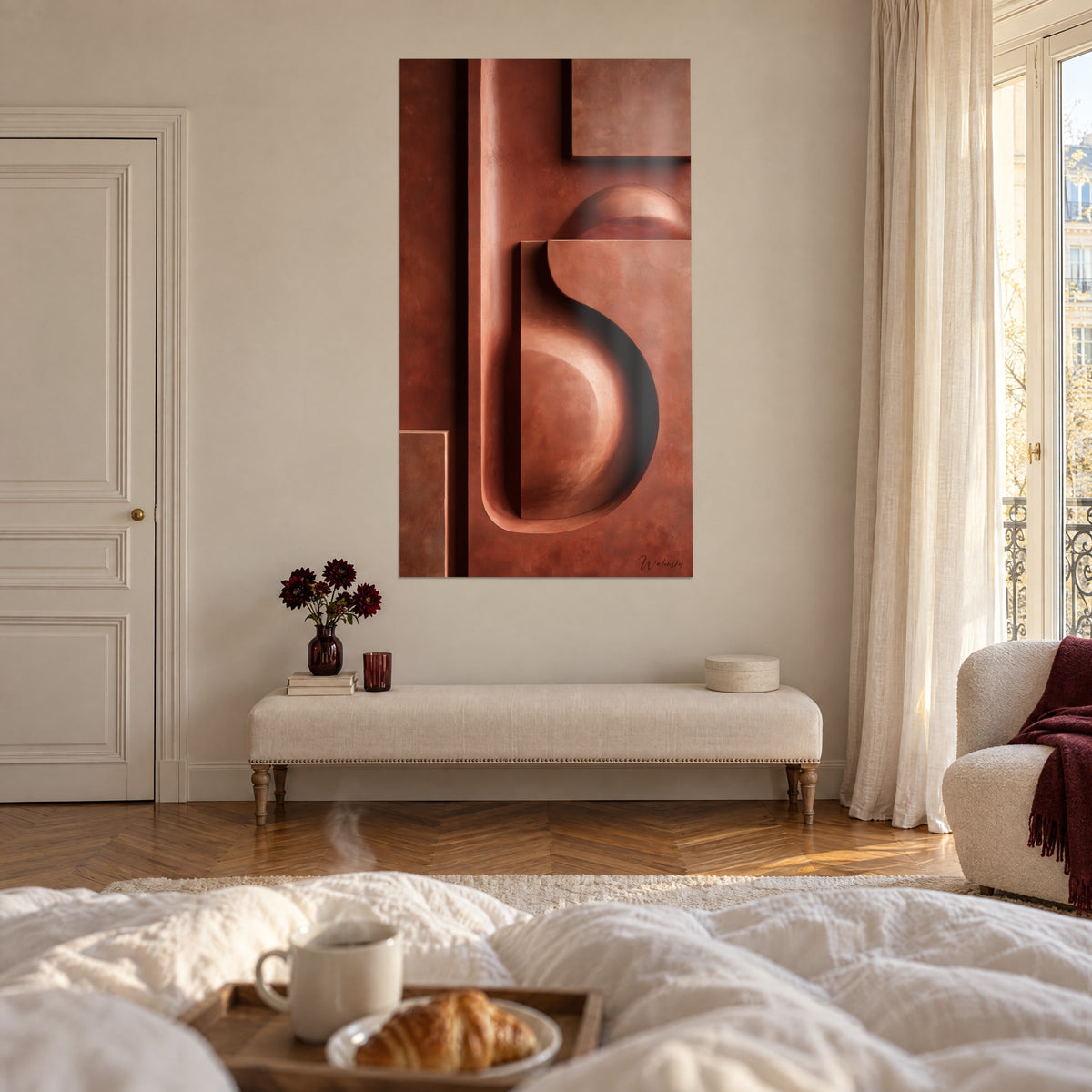Wall art hollowed curve in copper and brick tones, raised geometric planes, above a bed in a light bedroom
