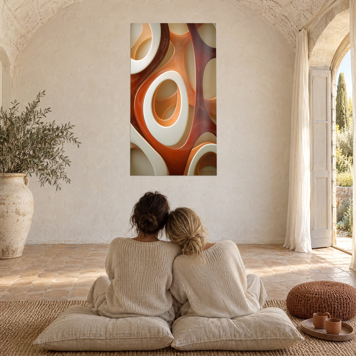 Schilderij crèmekleurige en koperbruine krommen met glanzende weerkaatsingen, twee personen van achteren op vloerkussens in een Provençaals landhuis