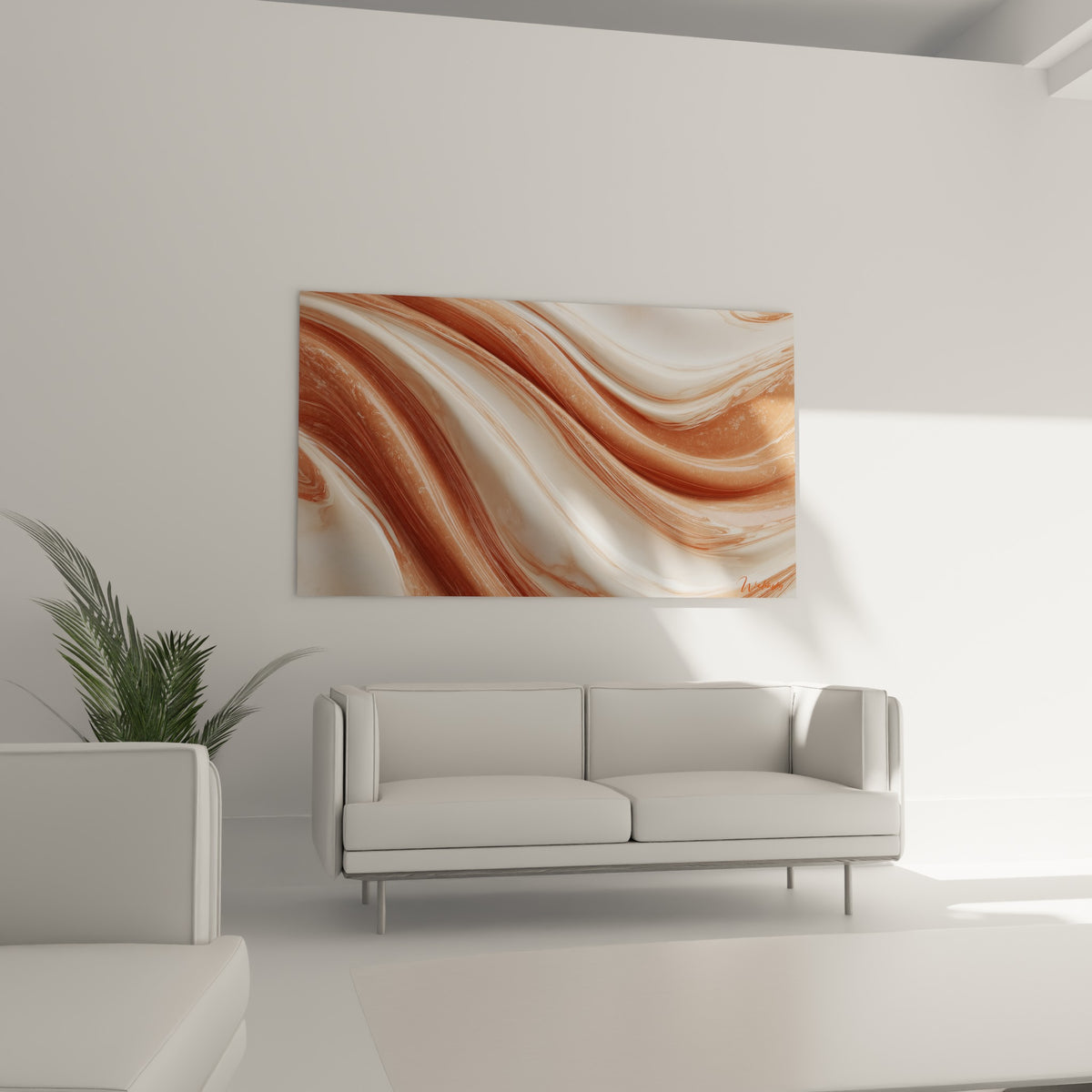 Volutes terracotta et blanc nacré accrochées au-dessus d'un canapé dans un salon lumineux