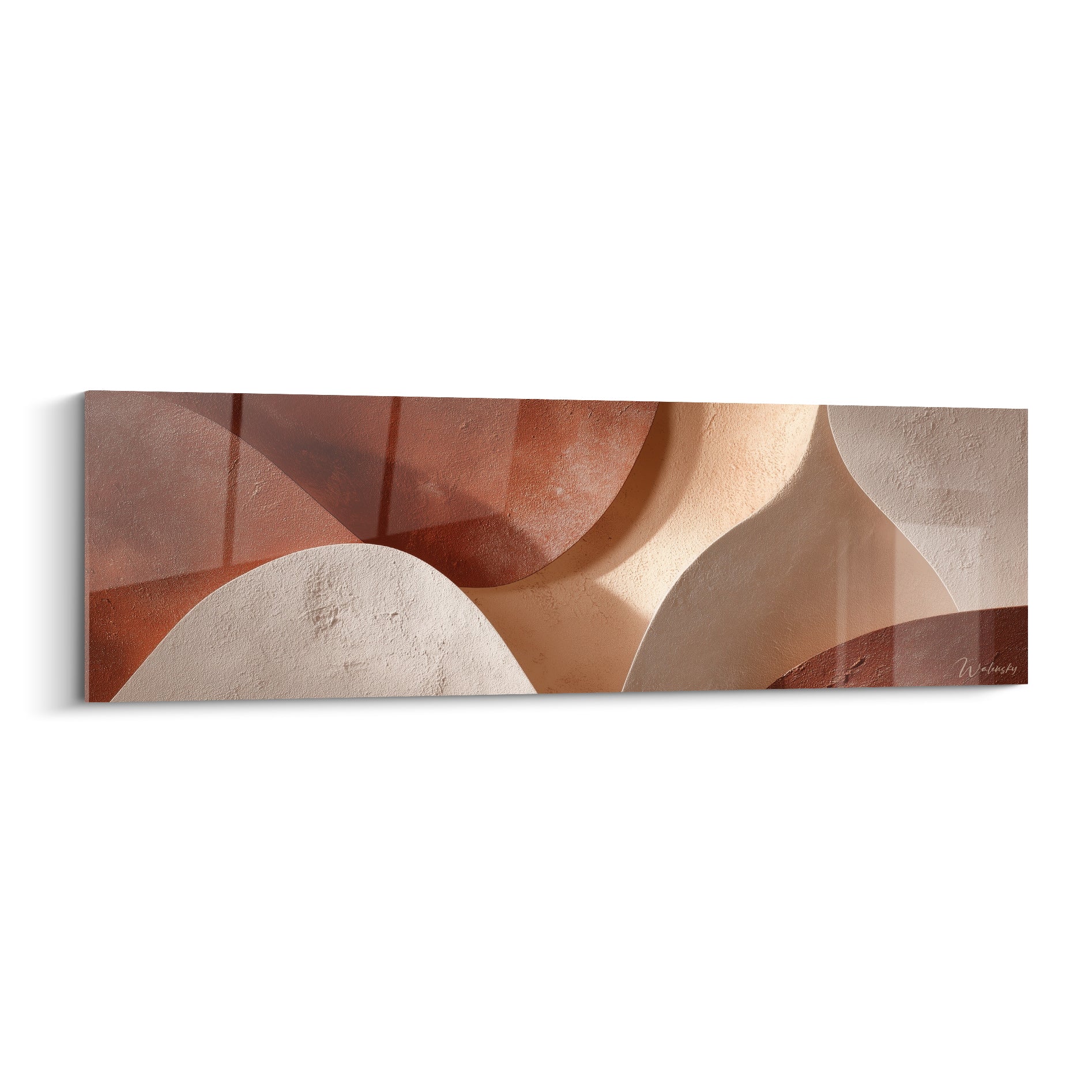 Voûtes minérales terracotta et crème, formes arrondies sculptées par une ombre géométrique nette
