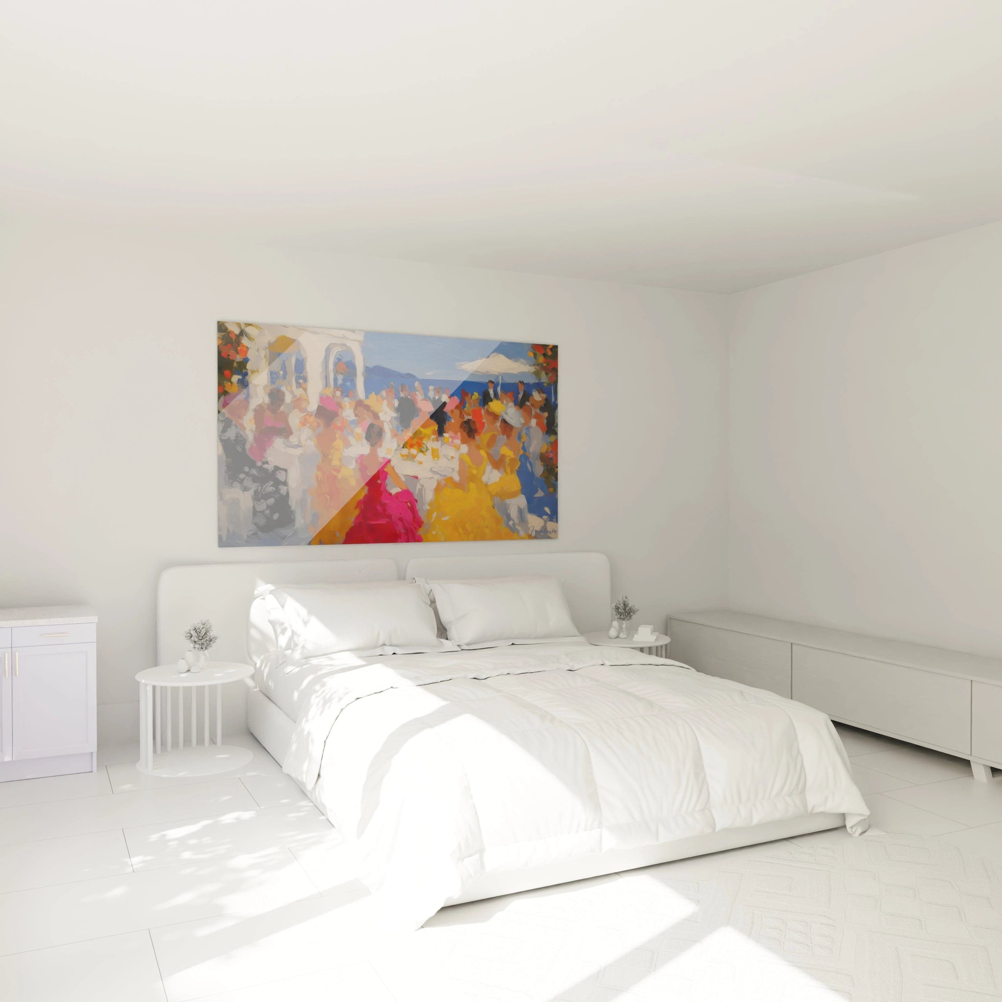 tableau impressionniste terrasse été Walensky accroche au mur d une chambre blanche moderne avec lit double lumineux
