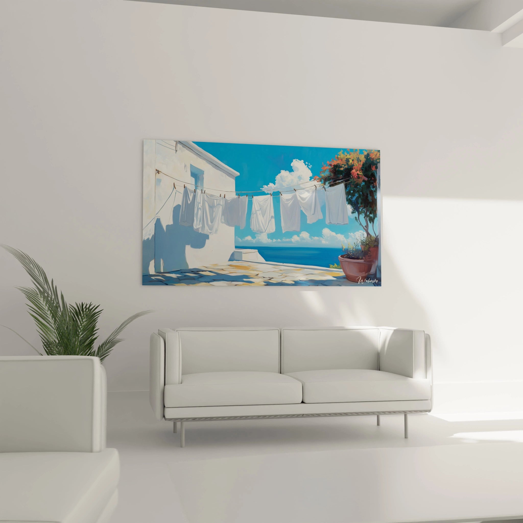 Un tableau paysage méditerranéen capturant l'atmosphère sereine d'une scène domestique grecque, où des draps blancs séchant au soleil créent des formes géométriques contre le bleu intense de la mer et du ciel, avec des textures contrastées entre le textile, les murs lisses et le sol pavé.
