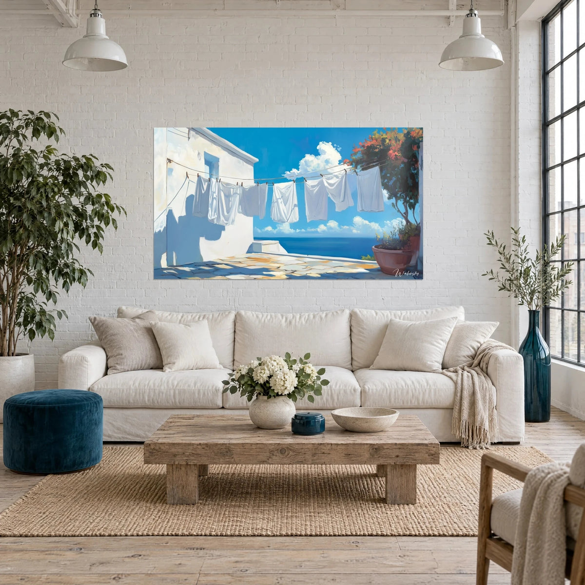 Πίνακας ασβεστωμένη με ασβέστη βεράντα, ρούχα που ανεμίζουν σε σχοινί, γαλάζια θάλασσα και χρυσές πλάκες, πάνω από καναπέ σε φωτεινό σαλόνι