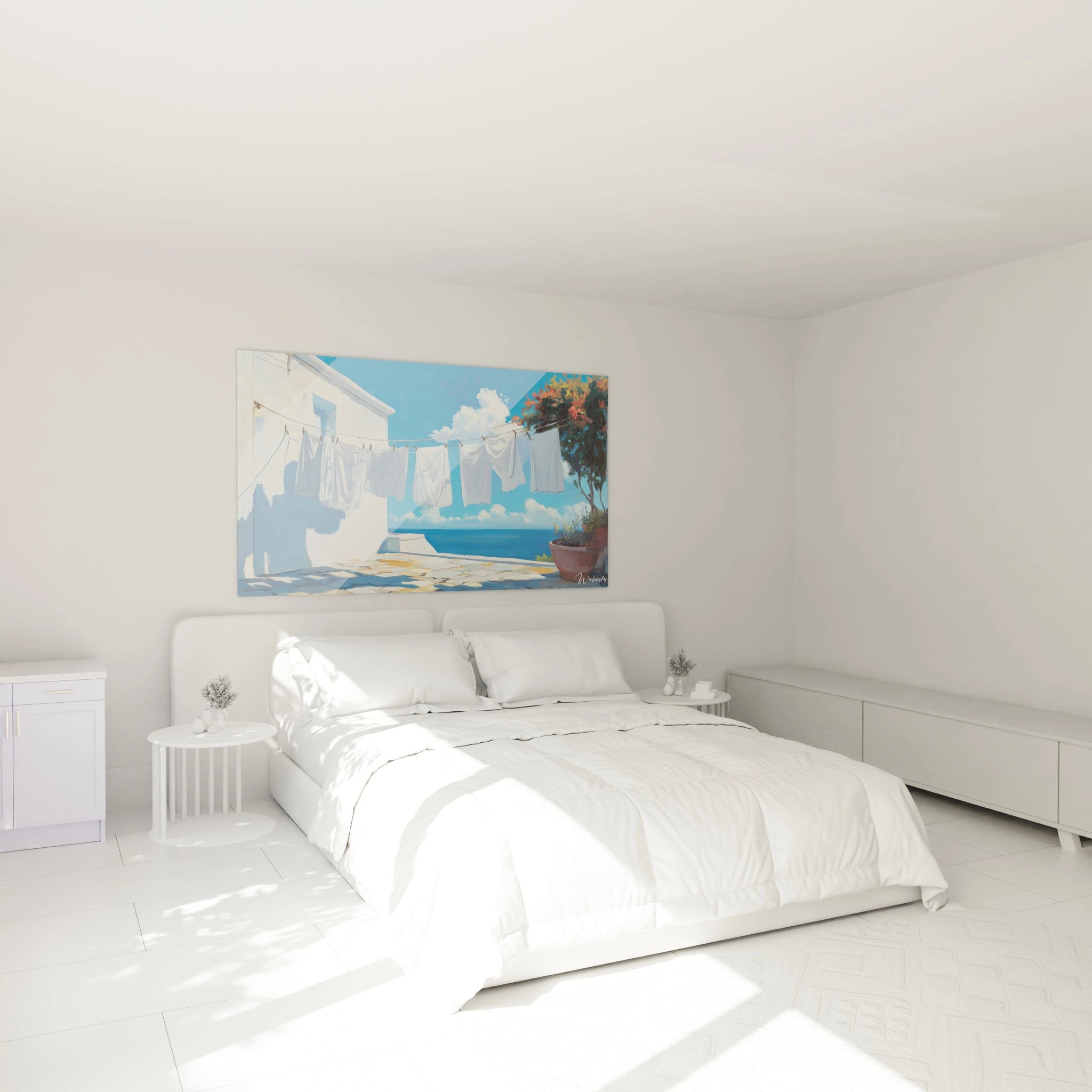 Un tableau côtier illustrant une terrasse ensoleillée aux dalles beiges, où flotte du linge blanc dans la brise marine, encadré par une architecture grecque immaculée et un arbre fleuri orangé, avec la mer bleue s'étendant jusqu'à l'horizon sous un ciel d'été.
