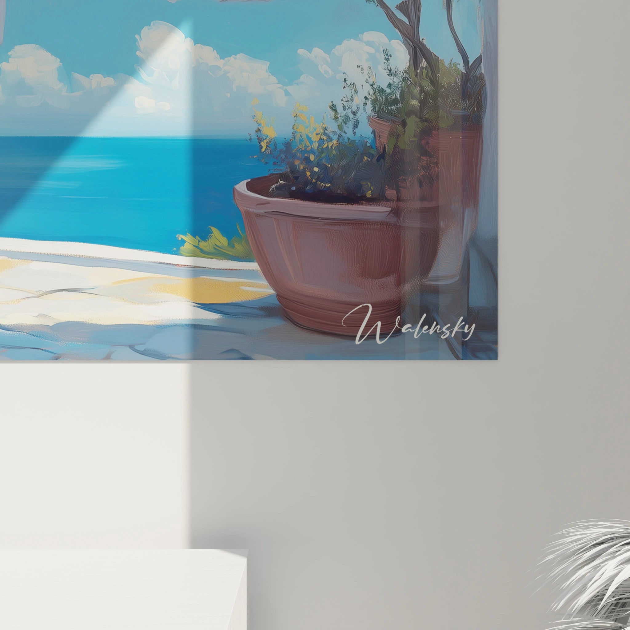 Un tableau marin dévoilant une terrasse méditerranéenne baignée de lumière, où du linge blanc immaculé danse dans la brise, sous un ciel bleu ponctué de nuages cotonneux, créant un jeu d'ombres sur les dalles dorées, avec la mer azur formant un horizon paisible.
