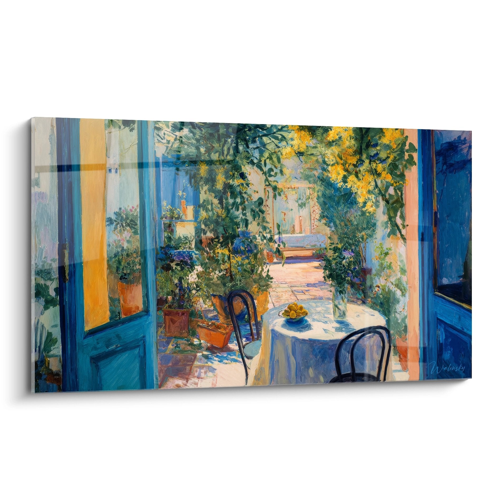 Tableau mural terrasse méditerranéenne avec pergola fleurie et table déjeuner, décoration jardin authentique