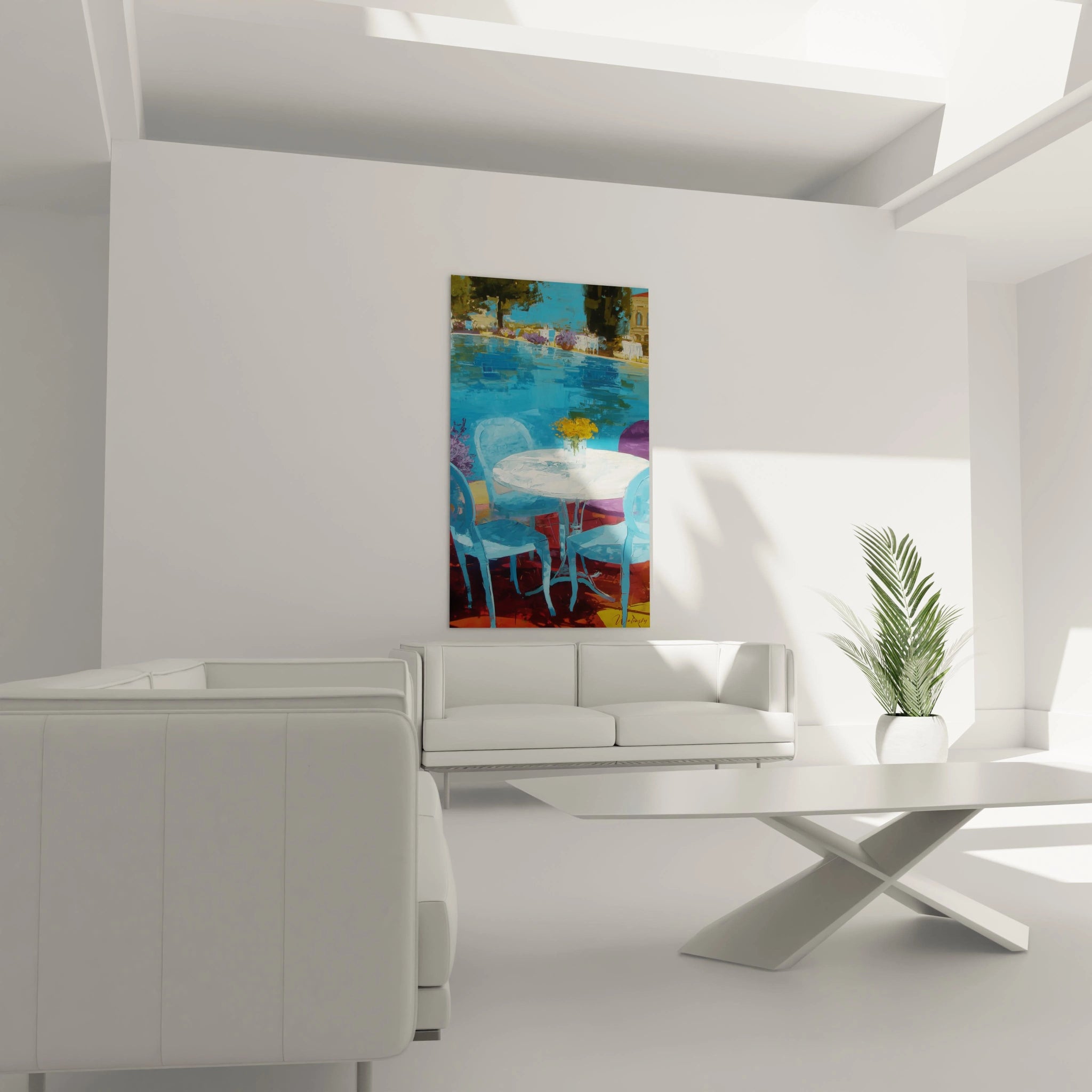 Walensky tableau impressionniste terrasse coloré accroché au dessus du canapé dans salon lumineux moderne