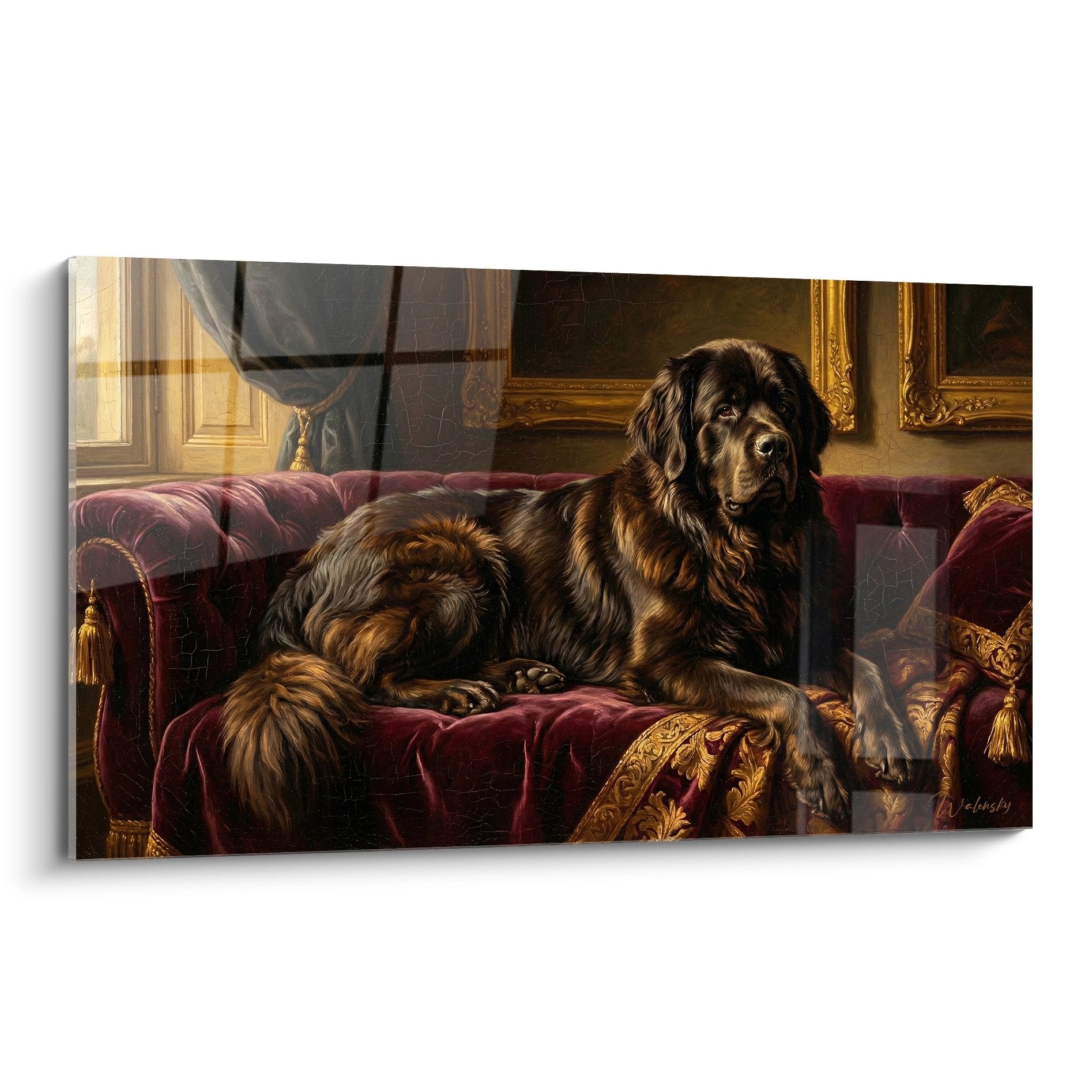 Tableau deux chiens Terre Neuve sur canapé velours bordeaux salon aristocratique dorures