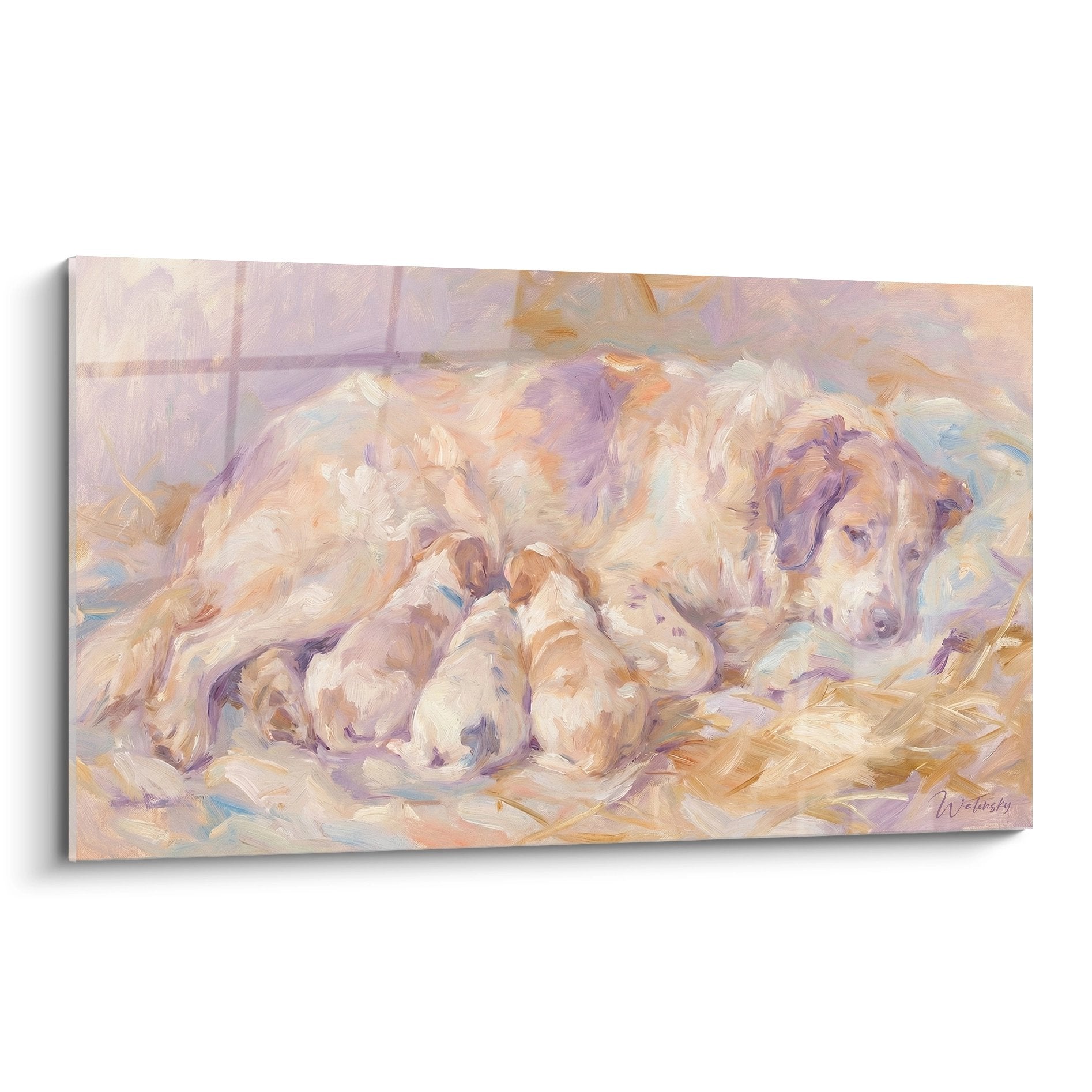 Tableau chienne Terre Neuve couchée avec ses chiots nouveau-nés, palette violette et dorée, style impressionniste