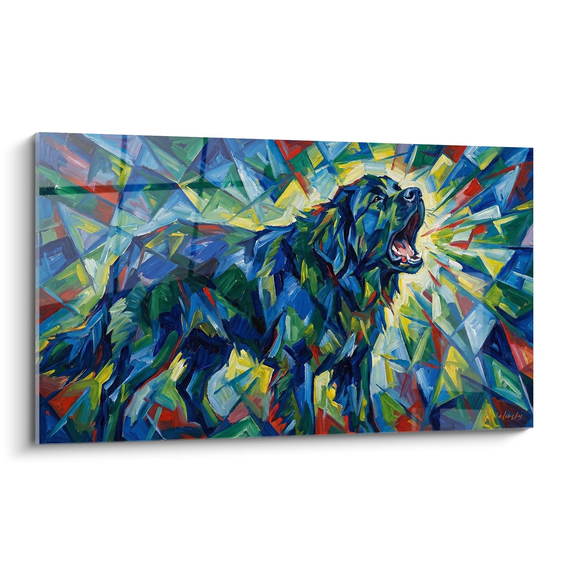 Tableau expressionniste Terre Neuve bleu dans explosion rayons lumineux jaunes verts rouges style futuriste