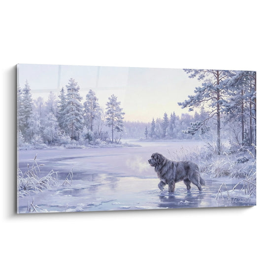 Newfoundland Painting in Winter Lake Frozen Waters Snow Trees Lilac Purple Palette Nordic Serene Atmosphere