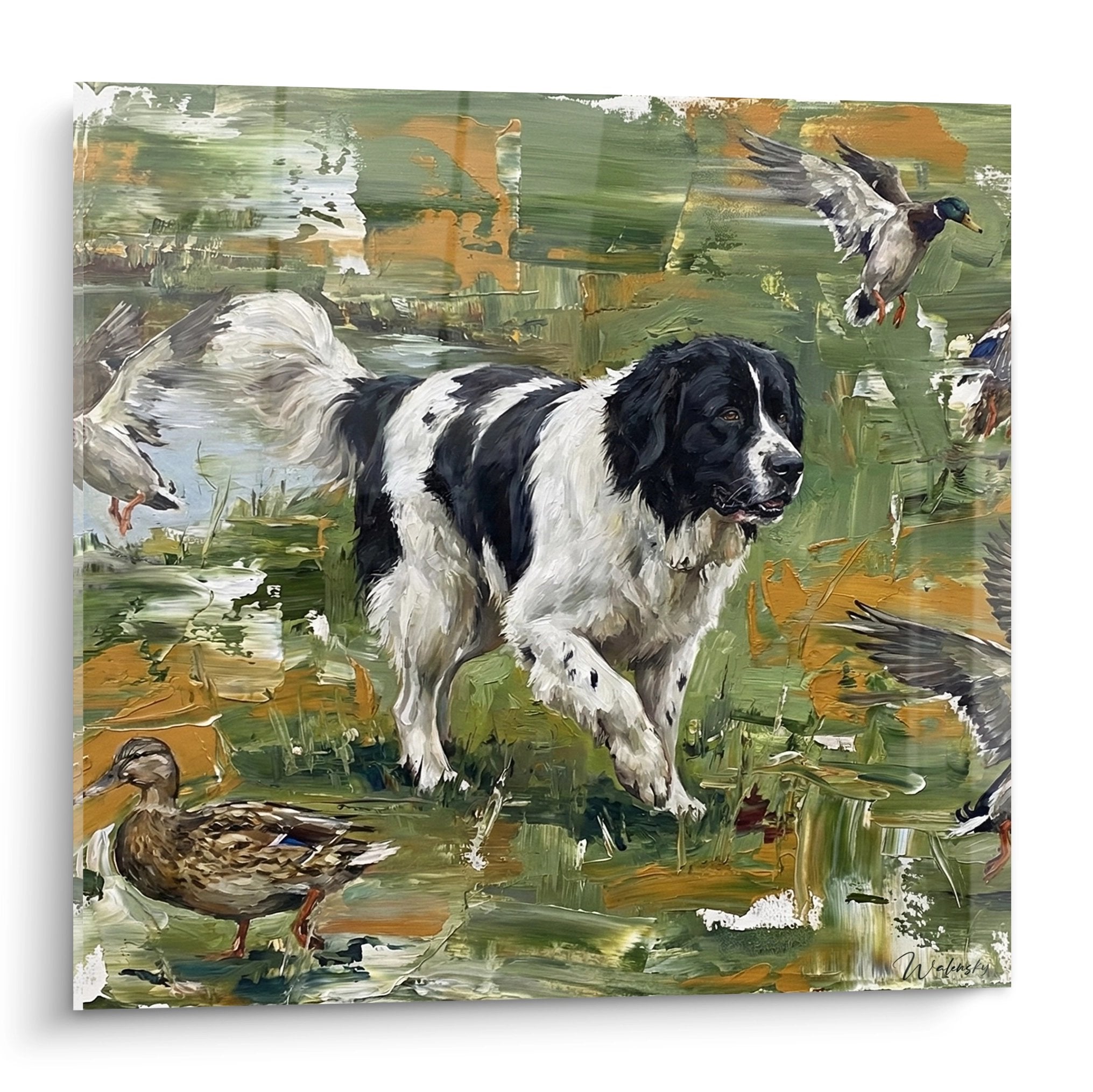 tableau chien terre-neuve noir blanc marecage canards art cynegetique landseer