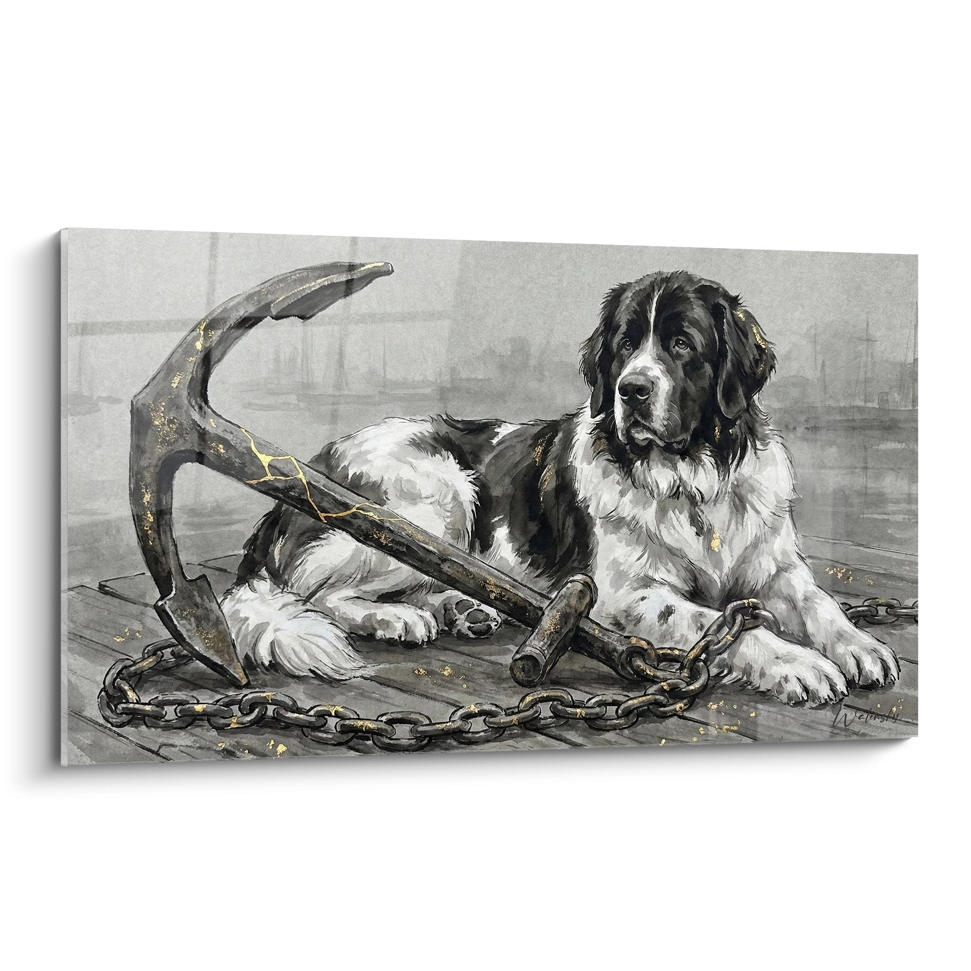 Tableau chien Terre-Neuve noir et blanc couche pres ancre marine chaine sur planches bois port brumeux arriere-plan