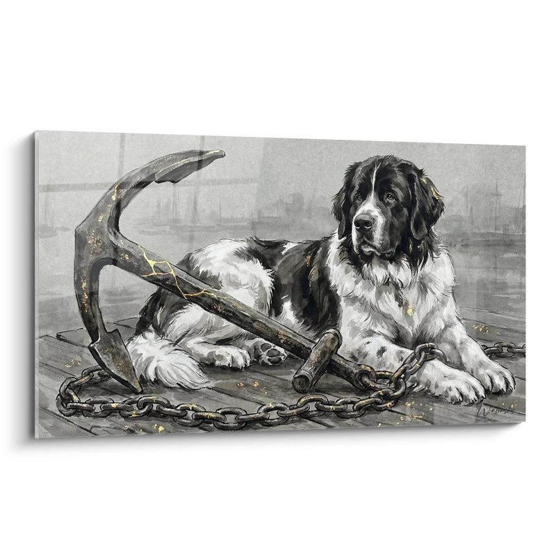 Black and White Newfoundland Dog Painting with Marine Anchor - Maritime Loyalty - Landseer Edition