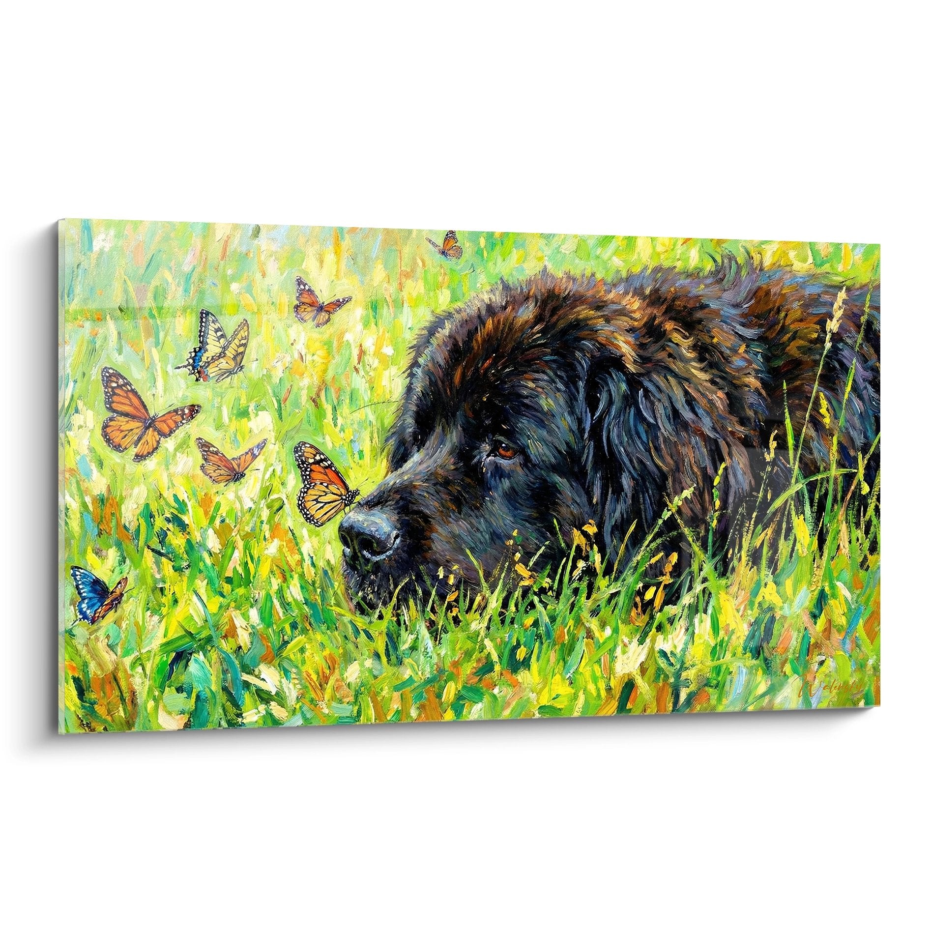 Tableau terre neuve brun noir observant papillons monarques orange dans prairie verte lumineuse style impressionniste