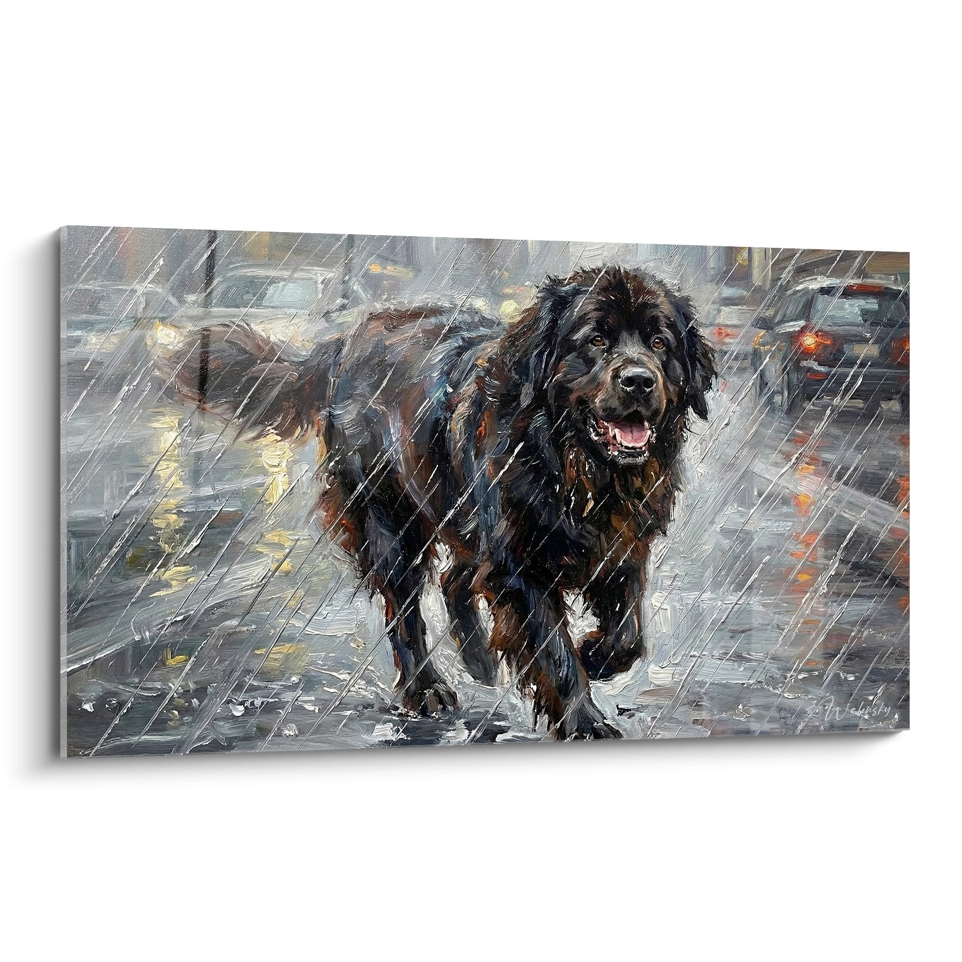 Tableau peinture Terre Neuve noir et brun sous la pluie urbaine avec langue rose et reflets dorés sur asphalte mouillé