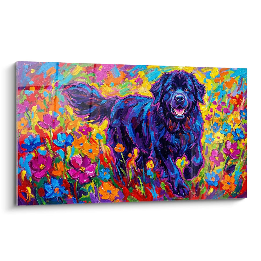 Tableau Chien Noir aux Reflets Violets dans un Champ de Fleurs Multicolores - Explosion Florale - Edition Terre Neuve