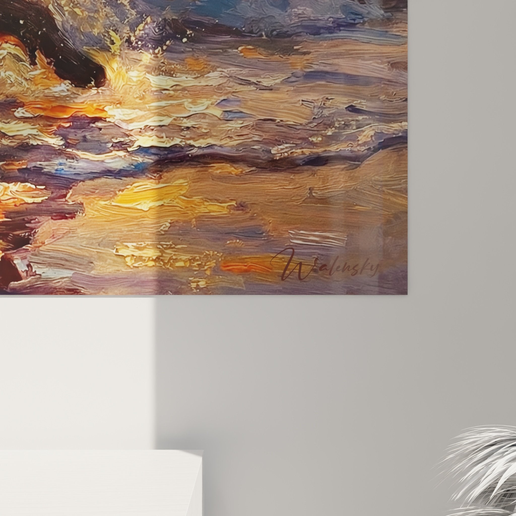 Vue ensemble tableau Terre Neuve océan doré intégré salon décoration murale maritime chaleureuse