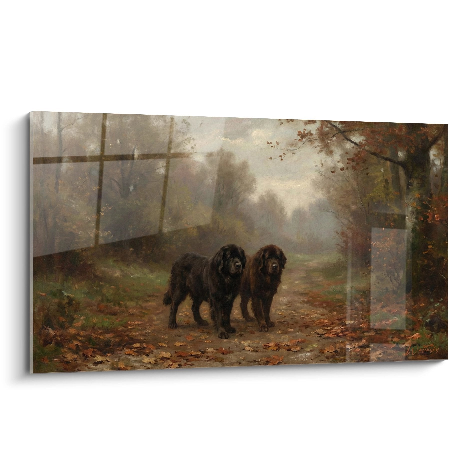 Tableau deux chiens Terre Neuve noirs sur sentier automnal brumeux avec feuilles mortes et barriere bois