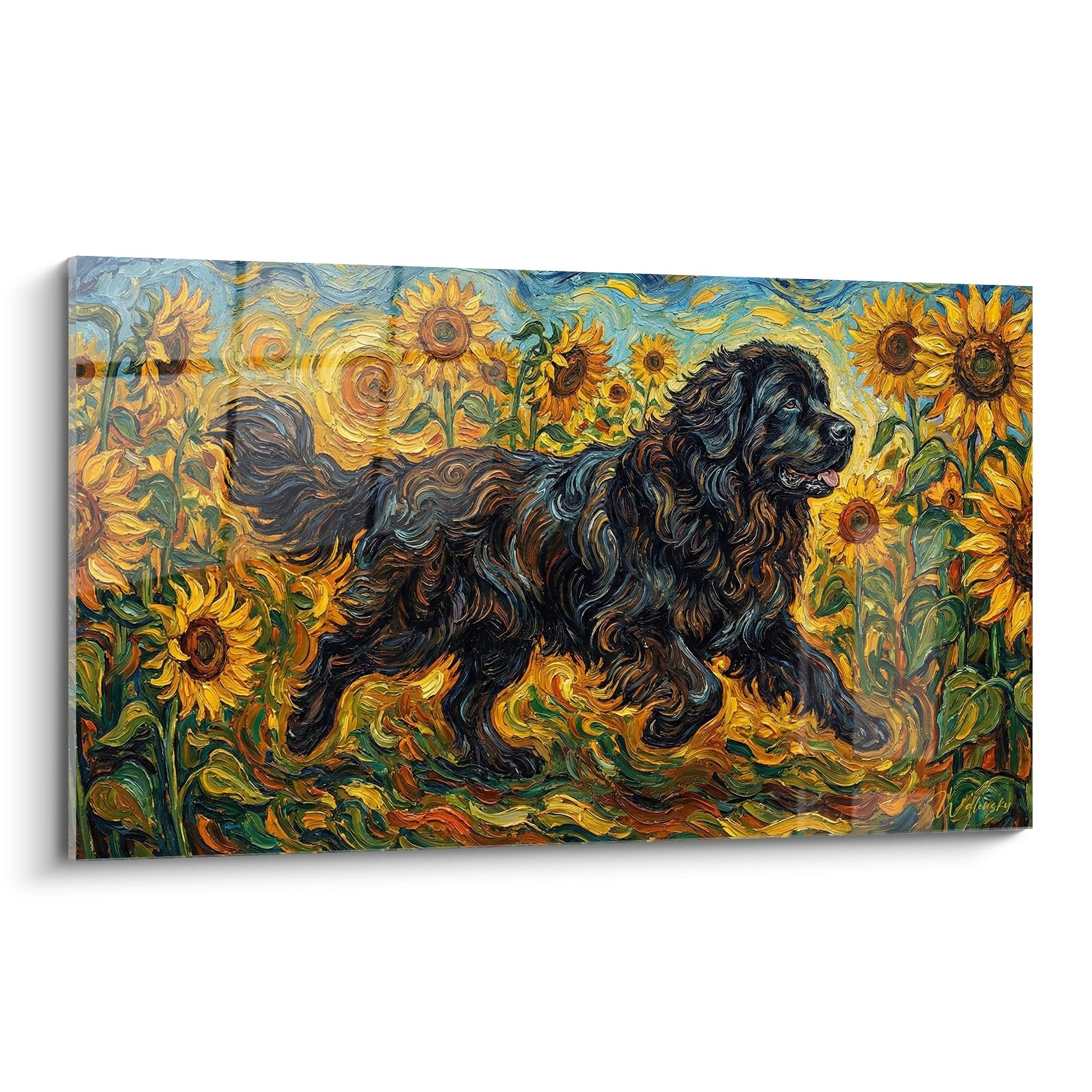 Tableau Terre Neuve noir parmi tournesols jaunes style post-impressionniste tourbillonnant bleu doré