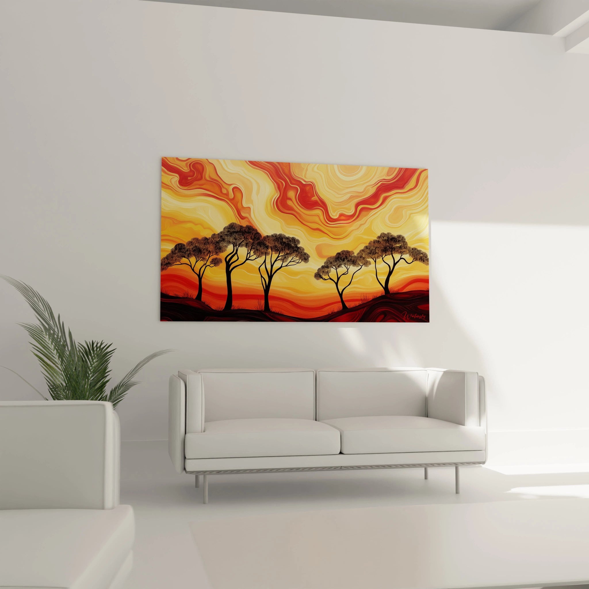 Tableau africain mural Walensky avec paysage d'arbres noirs sur fond dégradé rouge et jaune
