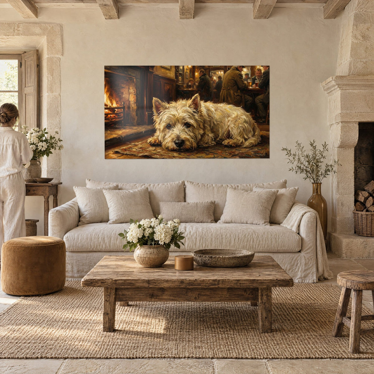 Wall art of a Westie with cream coat lying before the golden fireplace, amber-toned pub, above a sofa in a bright living room