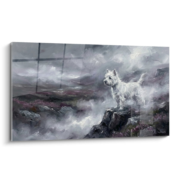 Schilderij van een Witte Terrier op Heuvelachtig Mistig Moors Landschap - Schotse Mist - West Highland White Terrier Editie
