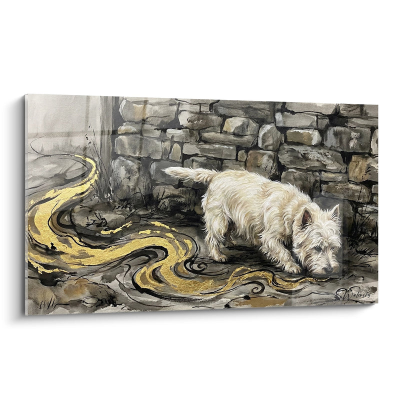 Gemälde Weißer Terrier Erkundet Goldene Ruinen - Mystisches Abenteuer - West Highland White Terrier Edition