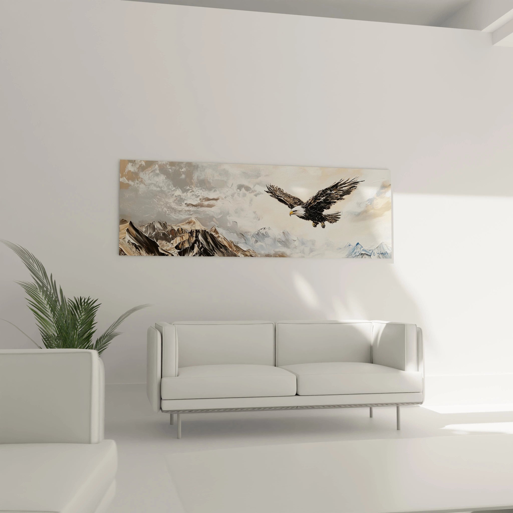 Tableau aigle Walensky avec des montagnes en arrière-plan et des couleurs douces pour un décor moderne