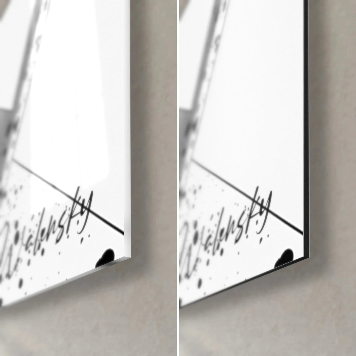 Tableau assemblage de blocs blancs mouchetés de noir, coin bas droit : verre brillant à gauche, Dibond mat noir à droite
