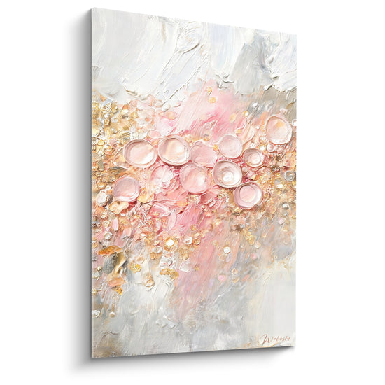 Tableau Bulles rose poudré et dorées en relief - Éclosion délicate - Edition Texturé Abstrait