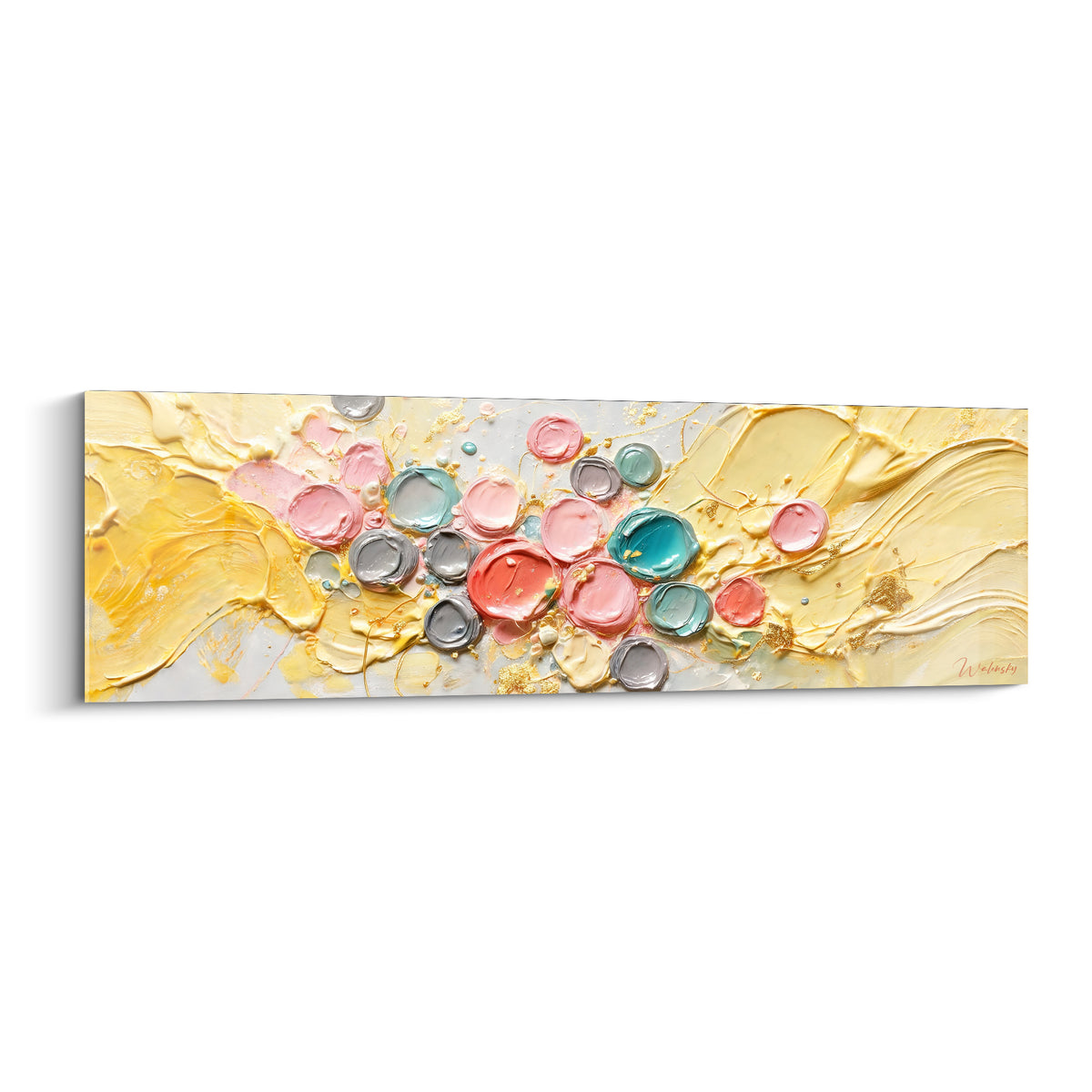 Tableau cercles dorés aux bulles corail, rose, gris et sarcelle en relief texturé abstrait