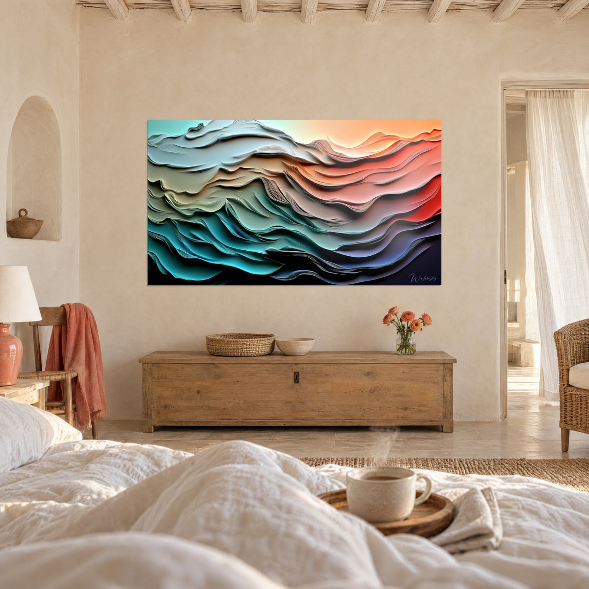Tableau houle de couches turquoise, sable et rouge vermillon, dégradé vif, au-dessus d'un lit dans une chambre claire