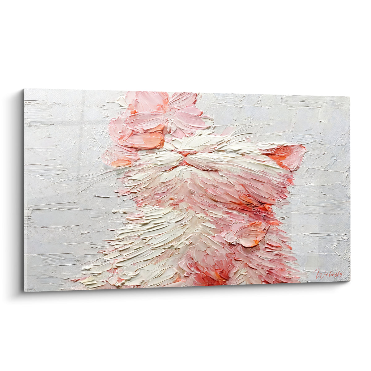 Tableau chaton blanc et rose corail à la tête levée, pelage texturé en relief sur fond gris clair