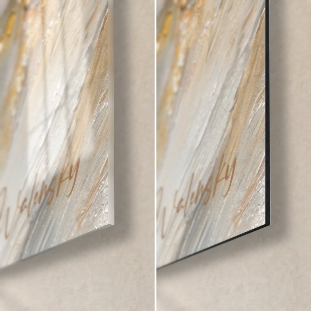 Tableau gouttes d'or et traînées blanches, coin bas droit en verre acrylique brillant et alu Dibond mat, tranche de 3 mm visible