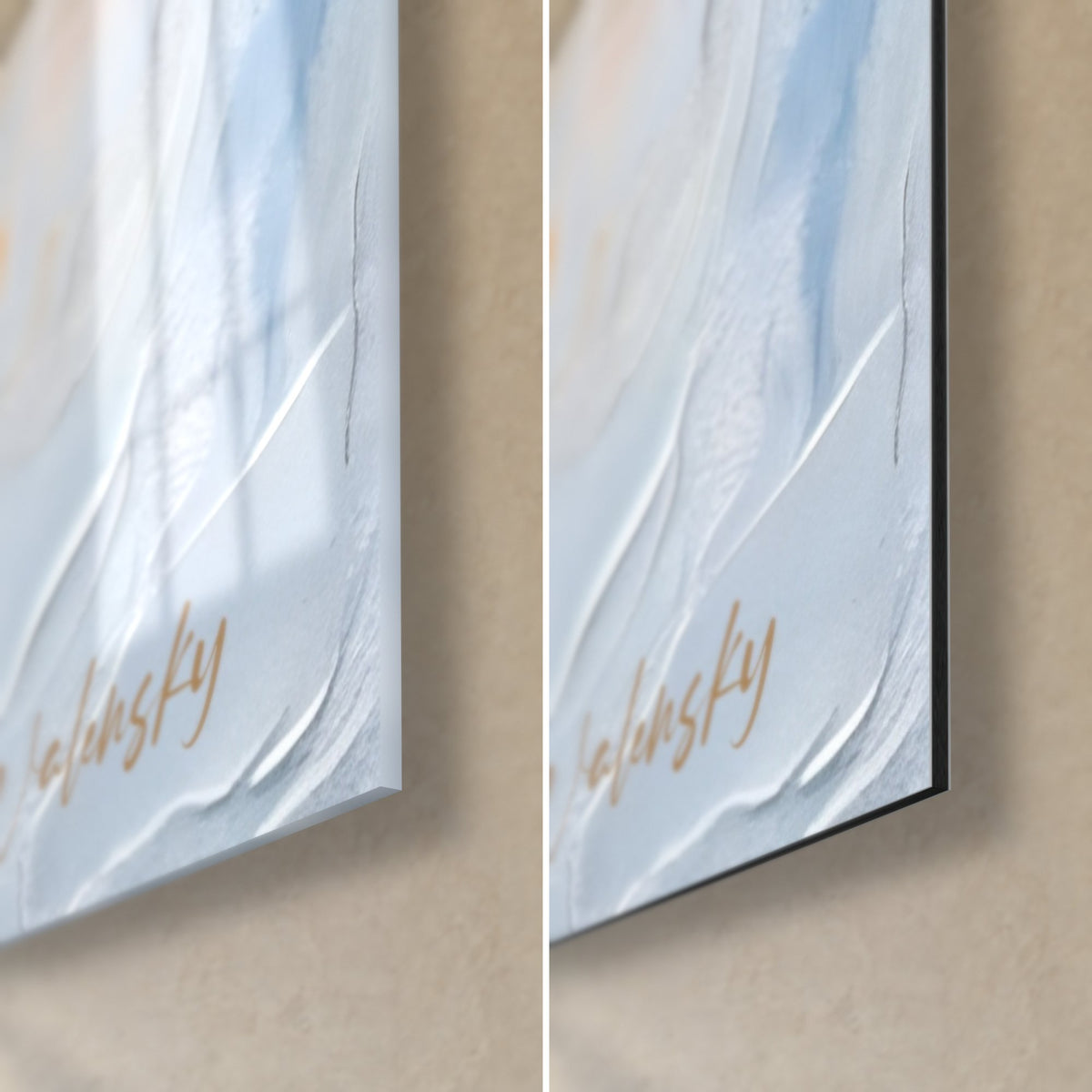 Tableau éclat doré à la spatule, coin bas droit : verre acrylique brillant à gauche, alu Dibond mat à droite, tranche de 3 mm